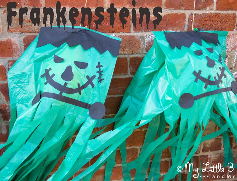 Make GIANT floating Frankensteins. Great homemade Halloween decorations that work really well as a party craft activity and party favour too. From My Little 3 and Me.